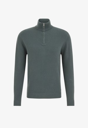 Tamnozeleni džemper s patentnim zatvaračem na vratu, teksturiranim uzorkom pletenja, dugim rukavima te rebrastim manžetama i rubom. Ukrašen malim detaljem s logotipom.