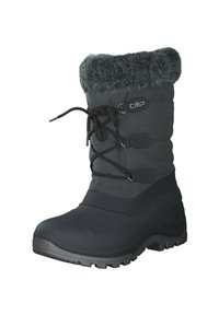 Sort vinterstøvle med en faux fur-top, snørebåndsdesign og gummisål. Funktionen inkluderer en polstret overdel og tekstureret greb for bedre traction.