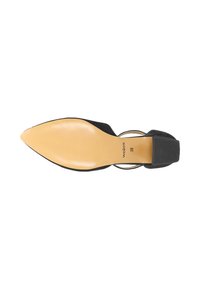 Scarpa con tacco alto in suede nero con punta affilata, suola in gomma beige e design aperto sul retro con un mini tacco. Taglia 38.