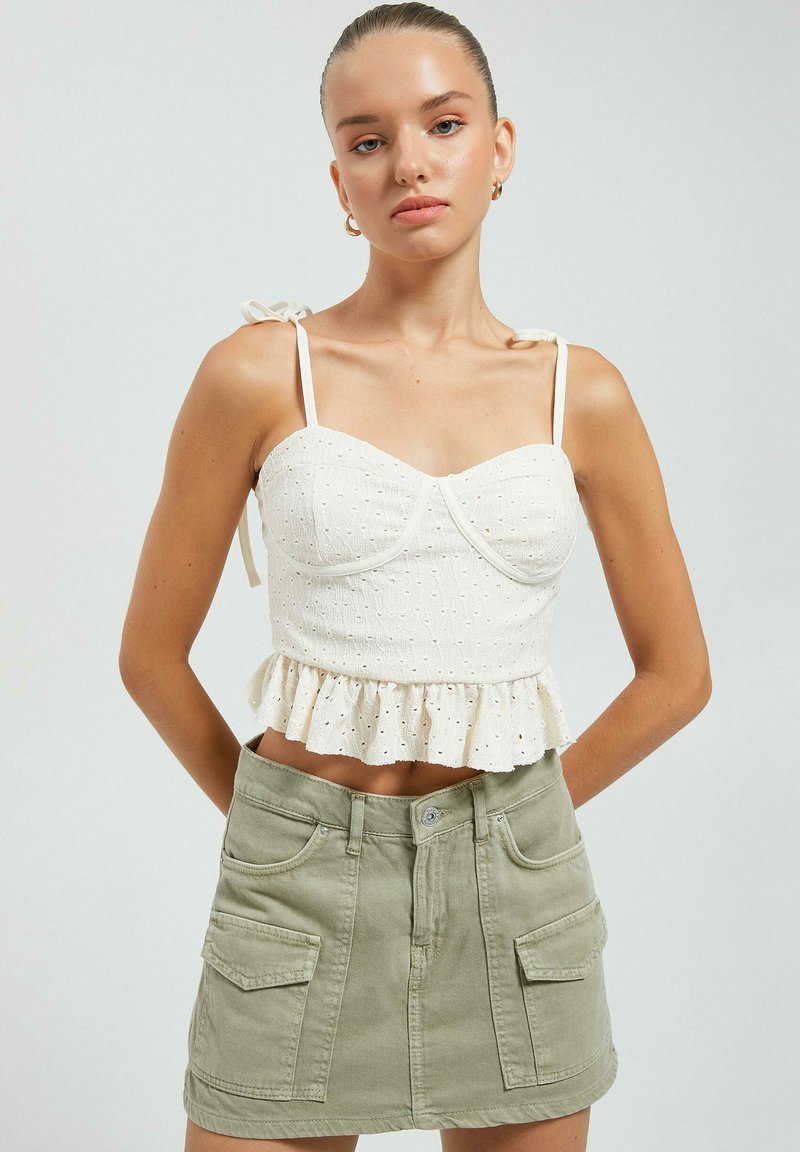 Beige Embroidered Knitted Ruffle Top