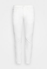 Hvide denim jeans med slim fit, fem-lommers design og standard lynlås. Har kraftig syning og en ren, glat tekstur.