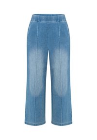 Pantalon en denim bleu clair à jambes larges, avec une taille haute, une texture lisse et des coutures verticales pour un look structuré.