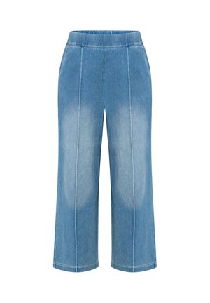 Jasnoniebieskie szerokie spodnie dżinsowe o wysokim stanie, gładkiej fakturze i wykończeniu pionowymi szwami, zapewniające uporządkowany wygląd.