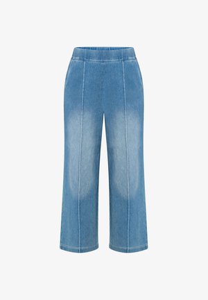 Jasnoniebieskie szerokie spodnie dżinsowe o wysokim stanie, gładkiej fakturze i wykończeniu pionowymi szwami, zapewniające uporządkowany wygląd.