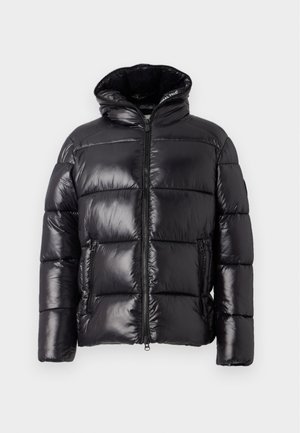Black puffer jacket with a glossy finish, featuring a high collar, zip closure, and two side pockets; quilted design for insulation.