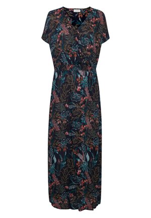 Floral maxi dress with short sleeves, deep V-neck, elastic waist, and a navy background featuring vibrant flowers and leaves in various colors.