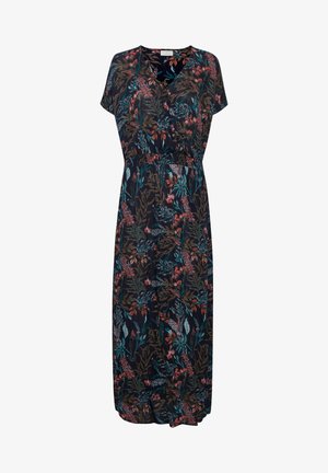 Blomster maxi kjole med korte ærmer, dyb V-udskæring, elastisk talje og en marineblå baggrund med levende blomster og blade i forskellige farver.