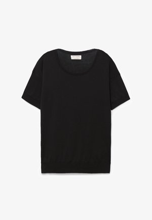 Zwarte T-shirt met korte mouwen, gemaakt van zachte stof, met een ronde hals en een ontspannen pasvorm, met een rechte zoom en zonder zichtbare patronen.