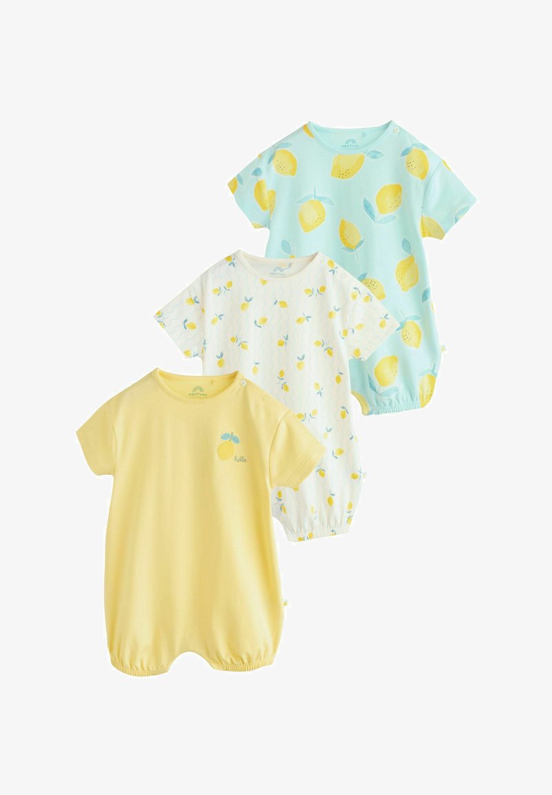 Trois tenues à manches courtes pour bébés : à motif citron en jaune, blanc et bleu clair. Tissu doux et léger avec ceintures élastiques.