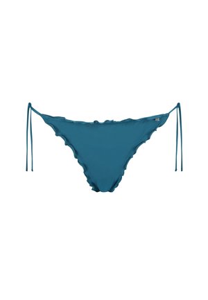 Culotte da bikini turchesi con bordo a scallop, legacci laterali regolabili e tessuto morbido ed elasticizzato. Nessun motivo distintivo o dettagli in metallo.