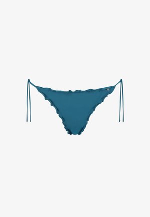 Teal bikini bottoms met een scalloped rand, verstelbare zijstrikjes en glad, rekbaar materiaal. Geen opvallende patronen of hardware-details.
