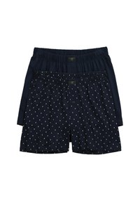 Námořnické modré bavlněné boxerky, jedny jednobarevné a jedny s malým bílým geometrickým vzorem. Elastický pás se značkou a zapínáním na knoflík.