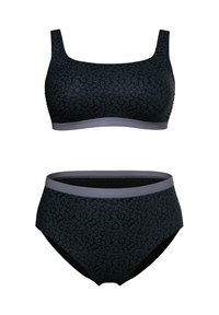Bikini top ja musta leopardikuvio ja korkeat vyötäröhousut, joissa on sileä pinta ja kontrastiväri harmaat nauhat reunoilla.