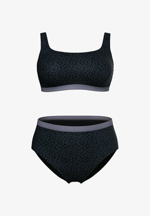 Zwarte luipaardprint bikini top en een hoge taille broek, met een gladde textuur en contrasterende grijze banden langs de randen.