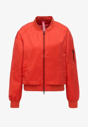 Helles rotes Bomberjacke mit Frontreißverschluss, geripptem Kragen und Bündchen, Seitentaschen und Reißverschlusstasche am linken Ärmel.