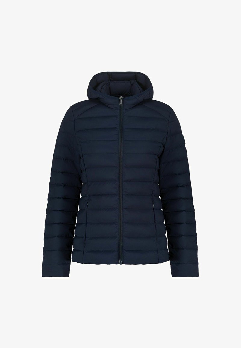 Marineblaue Steppjacke mit Kapuze, horizontalem Steppmuster, durchgehendem Reißverschluss und zwei seitlichen Taschen. Weicher, isolierter, eleganter Stoff.