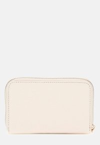 White leather wallet with a textured surface, rectangular shape, and gold-tone zipper. Side stitching detail enhances its structure.