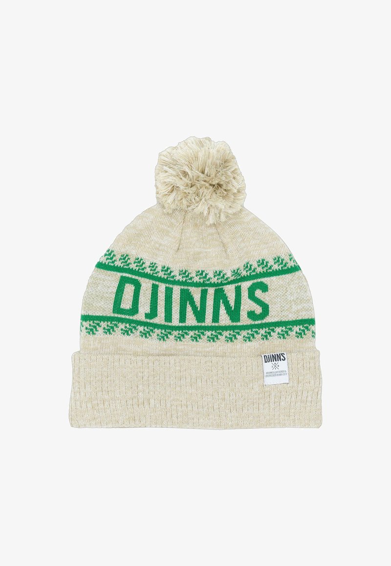 Krém színű kötött sapka zöld "DJINNS" logóval, hópehely mintával és bolyhos pom-pommal a tetején. Texturált, felhajtott mandzsettával rendelkezik.