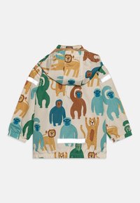 Veste de pluie pour enfants avec capuche, ornée de colorés animaux de dessins animés comme des lions, des ours et des gorilles sur un fond beige, et équipée de bandes réfléchissantes.