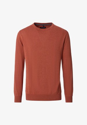 Rustfarvet strikket sweater med rund halsudskæring, lange ærmer og ribbede manchetter og kant. Glat tekstur med subtile mønsterdetaljer.