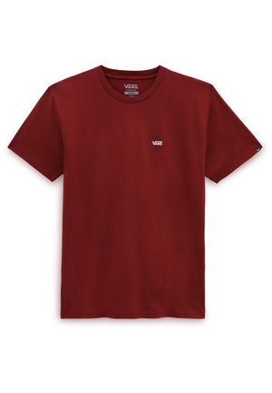 Camiseta de manga corta color granate de Vans con cuello redondo, con un pequeño logo blanco de Vans en el pecho izquierdo y una etiqueta en la manga izquierda.