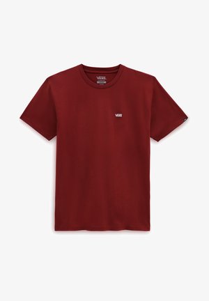 Camiseta de manga corta color granate de Vans con cuello redondo, con un pequeño logo blanco de Vans en el pecho izquierdo y una etiqueta en la manga izquierda.