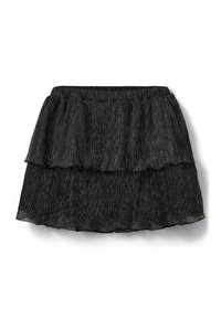 Čierna viacvrstvová sukňa s prepletenou textúrou, elastickým pásom a splývavým dizajnom s dvoma jedinečnými volánovými vrstvami.