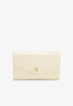 Portafoglio a busta in pelle color crema con una chiusura con logo doppia B in oro al centro davanti.