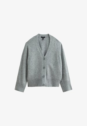 Cardigan grigio in maglia con scollo a V, maniche lunghe e chiusura con bottoni, realizzato in morbido tessuto a maglia testurizzato con orlo a coste.