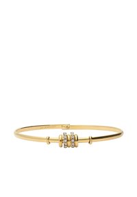Armreif in Goldoptik mit fünf kleinen klaren Kristallen, die in drei runden Akzenten gesetzt sind, glatte Oberfläche, verstellbarer Verschluss.