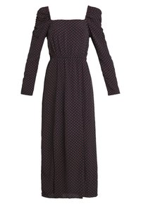 Lång svart klänning med fyrkantig halsringning och puffärmar, med ett rödprickigt mönster och elastisk midja för en avslappnad passform.