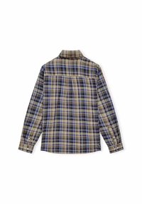 Koszula w kratę z długim rękawem w odcieniach niebieskiego, zielonego i beżowego. Wykonana z bawełny, z kołnierzykiem zapinanym na guziki, tylnym karczkiem i guzikami przy mankietach.