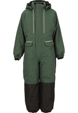 Grøn og sort vinteroverall med struktureret stof, lynlås foran, to brystlommer og elastiske manchetter for en sikker pasform.
