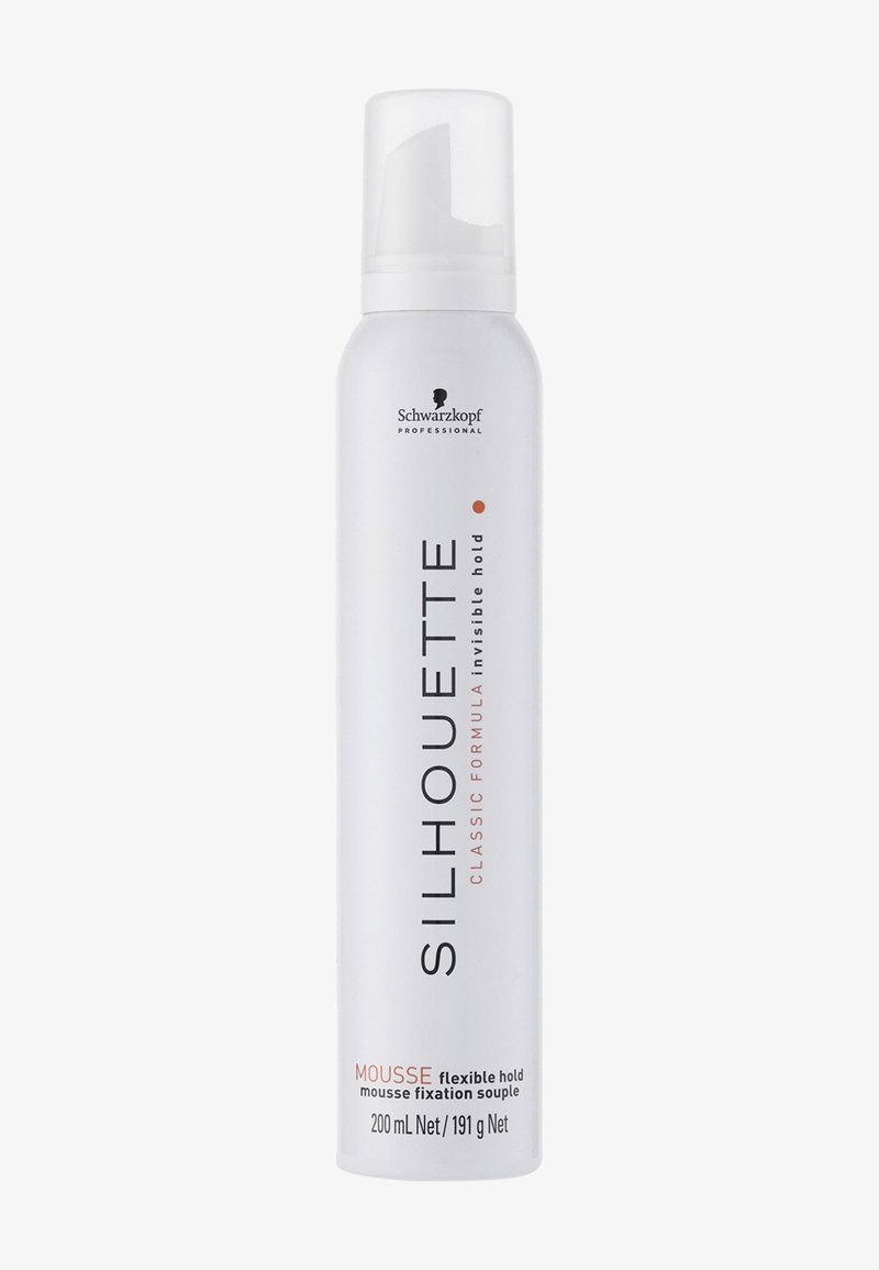 Weißer zylindrischer Behälter der Schwarzkopf Silhouette Mousse, mit minimalistischem schwarzem und orangefarbenem Text, weißem Deckel und glatter Oberfläche.