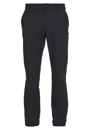 Czarne spodnie o prostych nogawkach z szlufkami na pasek, zapinane na guzik z przodu, z bocznymi kieszeniami, przedstawione na białym tle.