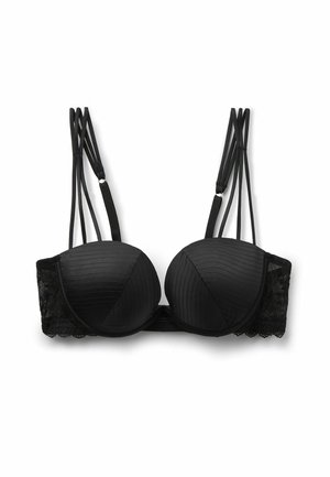 Sort polstret bh med dobbelte tynde skulderstropper og blonder på siden, prydet med subtile syninger i striber på skålene.