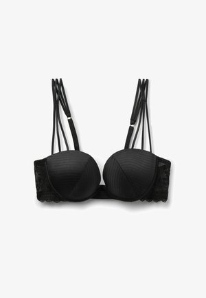 Zwarte gewatteerde beha met dubbele dunne schouderbandjes en kanten zijpanelen, met subtiele gestikte strepen op de cups.