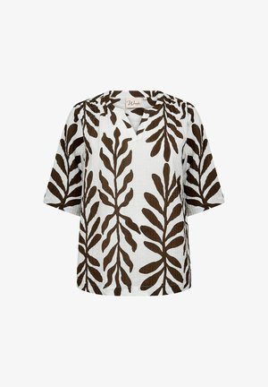 Cămașă albă cu modele de frunze marron, cu mâneci scurte și decolteu în V. Fabricată dintr-un material texturat, prezentând o croială lejeră și fante laterale.