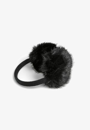 Bandeau en tissu noir flexible avec des écouteurs en fausse fourrure noire, ornés de deux pompons duveteux pour la chaleur et le style.