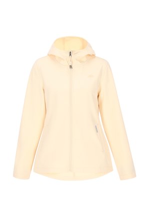 Lys gul zip-up jakke med hætte, der har en glat stofstruktur, to sidelommer og et subtilt logo på brystet.