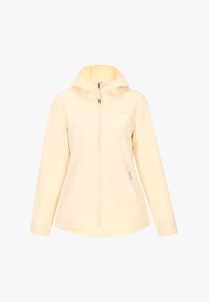 Lys gul zip-up jakke med hætte, der har en glat stofstruktur, to sidelommer og et subtilt logo på brystet.