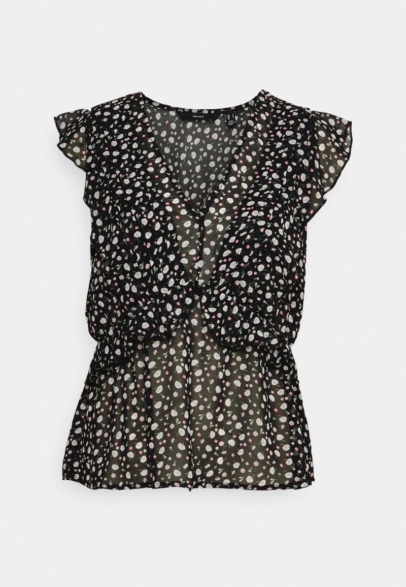 Blouse noire transparente avec motif floral blanc et rose, manches courtes évasées, col en V et détail de taille peplum.