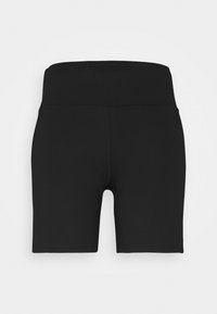 Shorts de cyclisme noirs taille haute en matériau extensible, présentant une texture lisse et un design de jambe courte et ajustée.