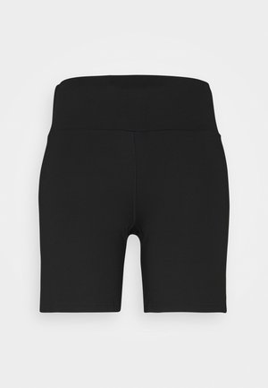 Black high-waisted cycling shorts made of stretchy material, featuring a smooth texture and short, fitted leg design.