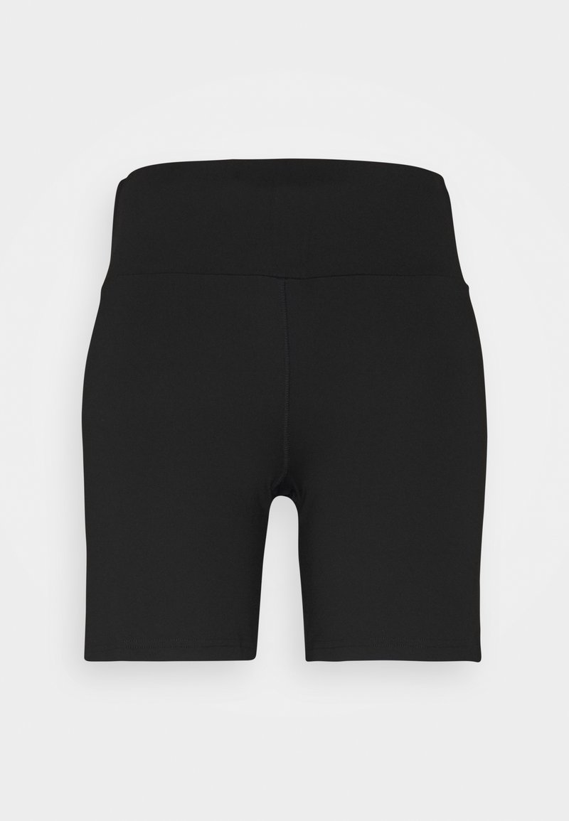 Shorts de cyclisme noirs taille haute en matériau extensible, présentant une texture lisse et un design de jambe courte et ajustée.