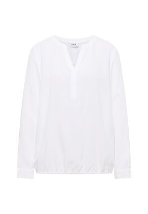 Witte blouse met lange mouwen en een V-hals, met een gathered zoom en een kleine knoopsluiting aan de voorkant. Gemaakt van lichtgewicht, soepel stof. Merkenlabel zichtbaar.