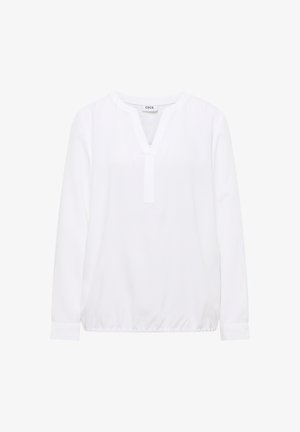 Witte blouse met lange mouwen en een V-hals, met een gathered zoom en een kleine knoopsluiting aan de voorkant. Gemaakt van lichtgewicht, soepel stof. Merkenlabel zichtbaar.