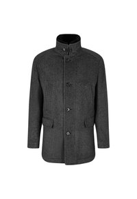 Grau melierter Wollmischmantel mit hohem Kragen, fünf Knöpfen, zwei vorderen Taschen und einem strukturierten Design. Verfügt über ein strukturiertes Fischgrätmuster.