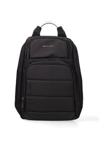 Zaino nero con design imbottito, multiple tasche con zip, logo davanti e maniglia superiore. Realizzato in materiale resistente, ideale per l'uso quotidiano.