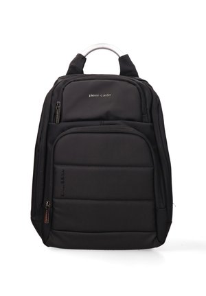 Black backpack with padded design, multiple zippered pockets, logo on front, and a top handle. Made of durable material, ideal for daily use.